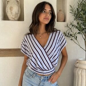 OLM XL Black Burgundy Striped Surplice Wrap Top Smocked Waist Ruffle Hem Crop 19